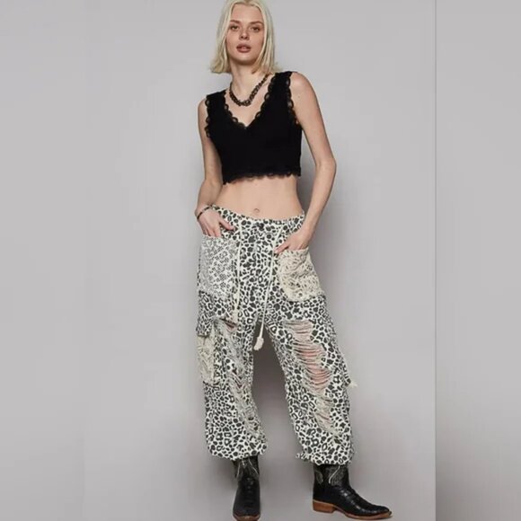 POL Leopard Print Joggers Pants Small Vintage Lace Crochet Patchwork Distressed - Picture 4 of 5